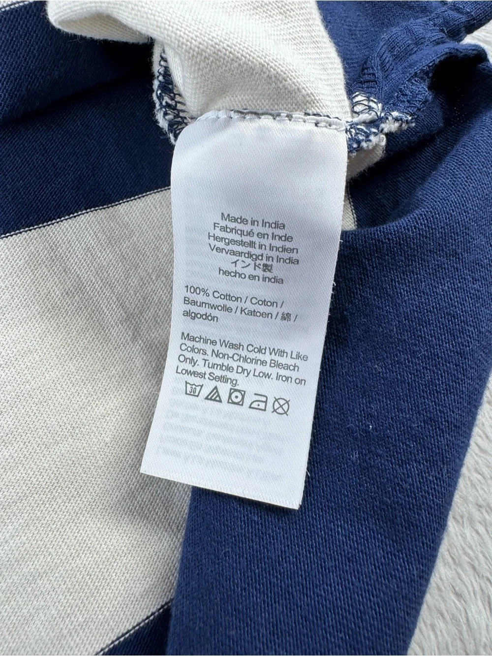 J.Crew Factory Mens L Rugby Shirt Navy Ivory Stripe Chambray Collar Preppy